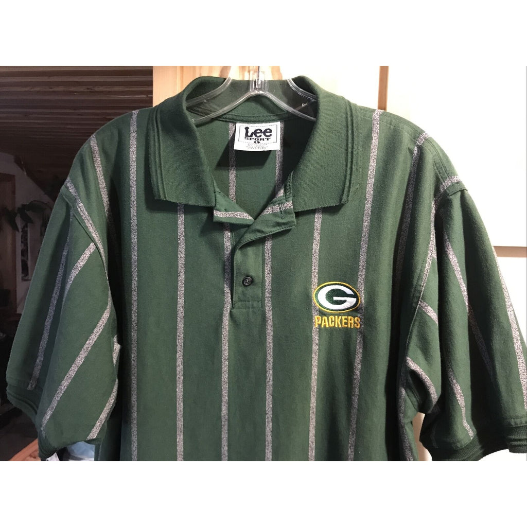 Lee Sport Vintage Men’s L Green Bay Gray Stripe SS 1/4 Button Cotton Poly Polo