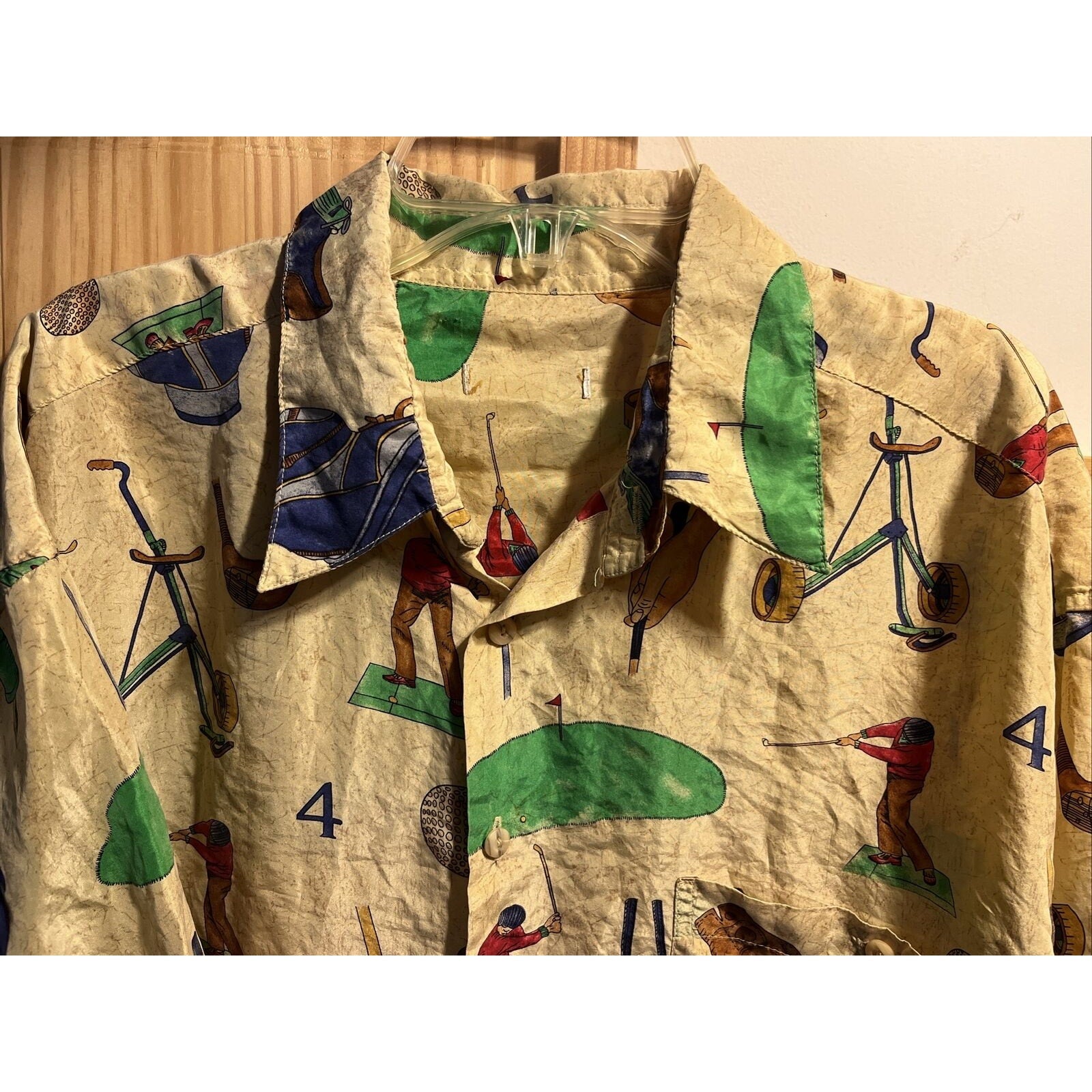 Unbranded Vintage Men’s XL Gold Short Sleeve Golf Print Silk Button Down Shirt