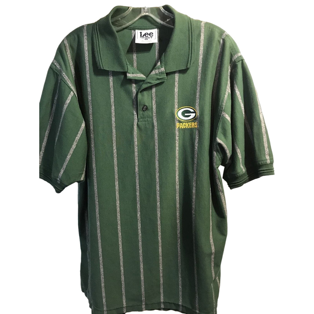 Lee Sport Vintage Men’s L Green Bay Gray Stripe SS 1/4 Button Cotton Poly Polo