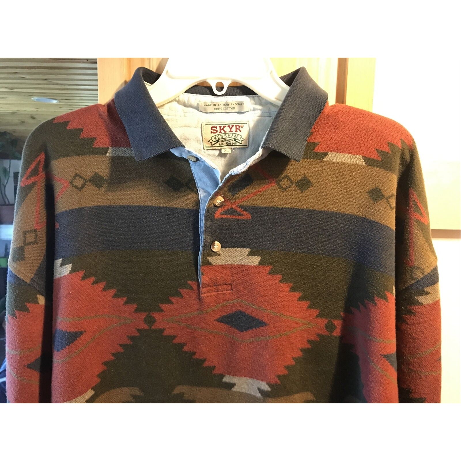 Skyr Vintage Mens XL Aztec Tribal Print Long Sleeve 1/4 Button Cotton Polo Shirt