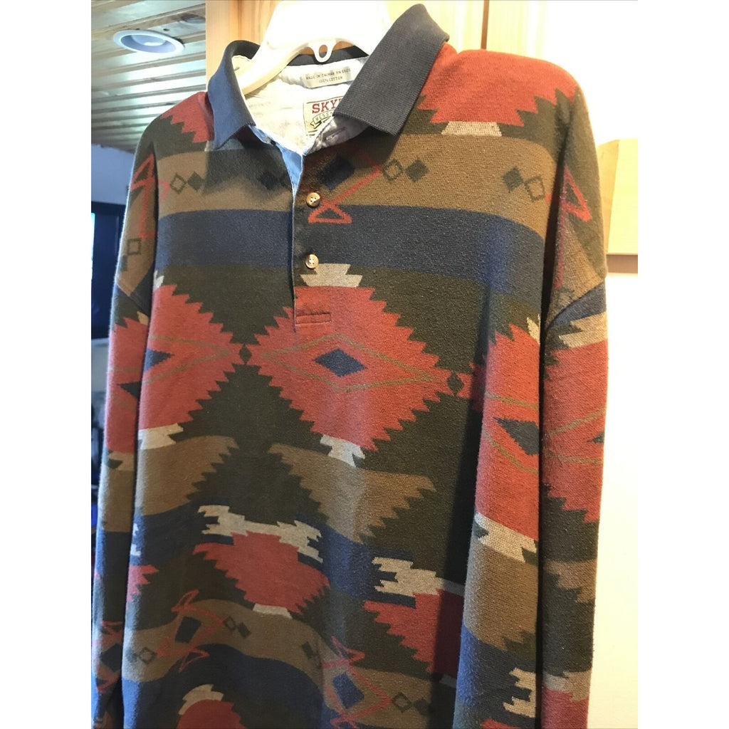 Skyr Vintage Mens XL Aztec Tribal Print Long Sleeve 1/4 Button Cotton Polo Shirt