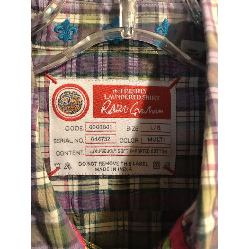 Robert Graham Men’s L Green Purple Plaid Long Sleeve Button Down Cotton Shirt