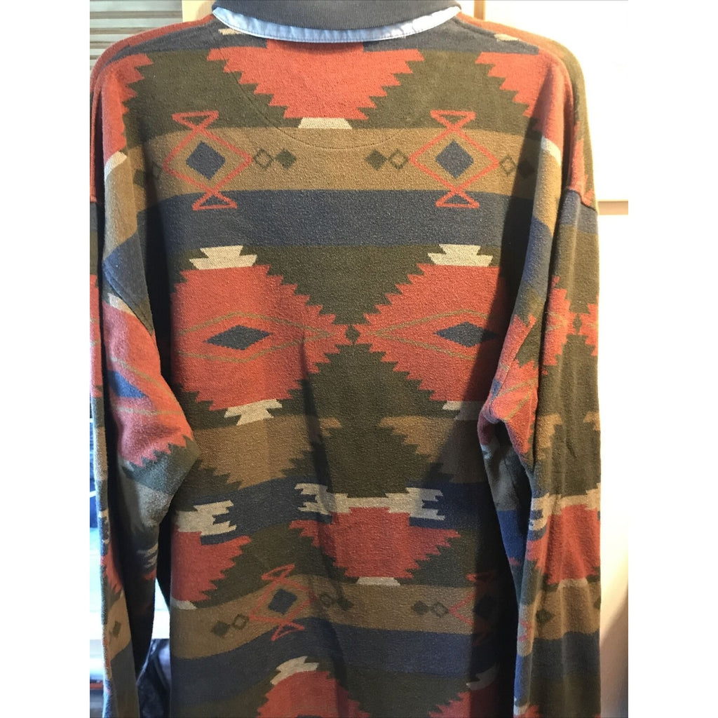 Skyr Vintage Mens XL Aztec Tribal Print Long Sleeve 1/4 Button Cotton Polo Shirt