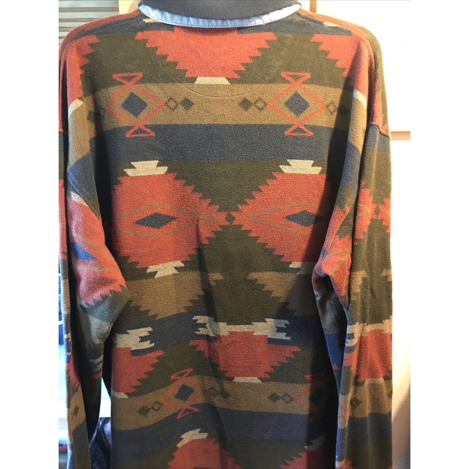 Skyr Vintage Mens XL Aztec Tribal Print Long Sleeve 1/4 Button Cotton Polo Shirt