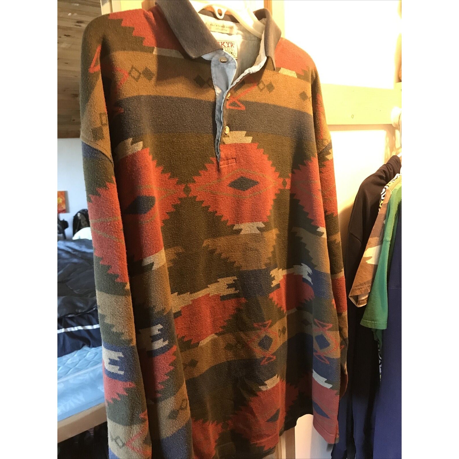 Skyr Vintage Mens XL Aztec Tribal Print Long Sleeve 1/4 Button Cotton Polo Shirt