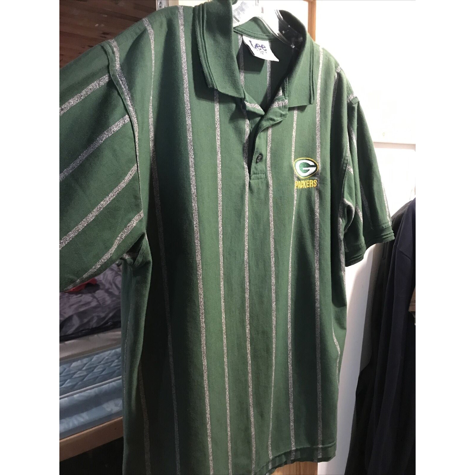Lee Sport Vintage Men’s L Green Bay Gray Stripe SS 1/4 Button Cotton Poly Polo
