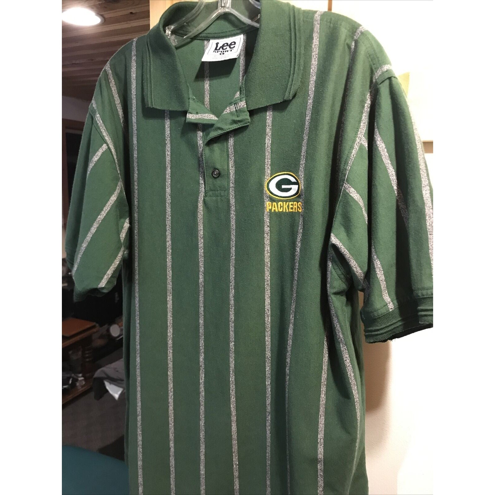 Lee Sport Vintage Men’s L Green Bay Gray Stripe SS 1/4 Button Cotton Poly Polo