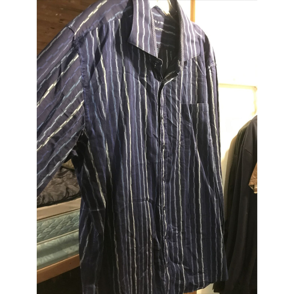 Bugatchi Uomo Men’s XXL Blue Striped Long Sleeve Button Down Cotton Shirt