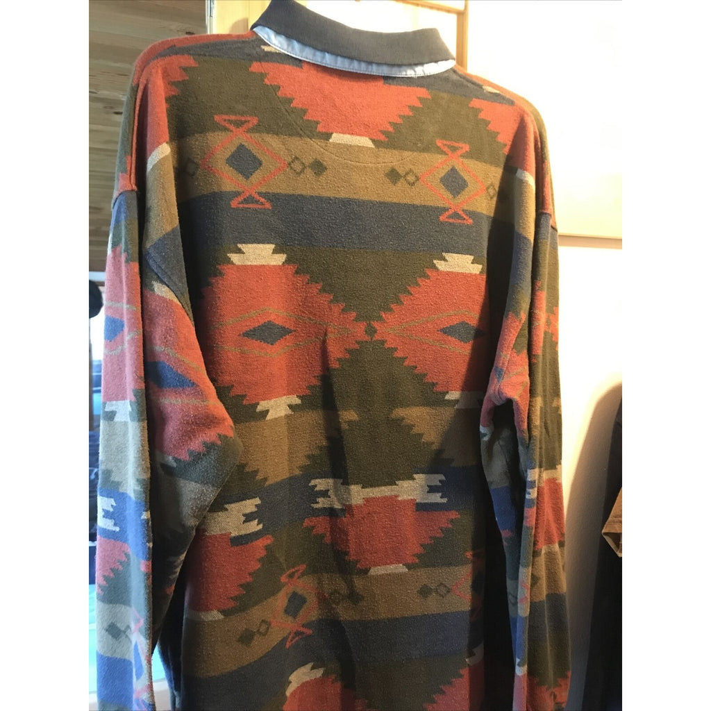 Skyr Vintage Mens XL Aztec Tribal Print Long Sleeve 1/4 Button Cotton Polo Shirt