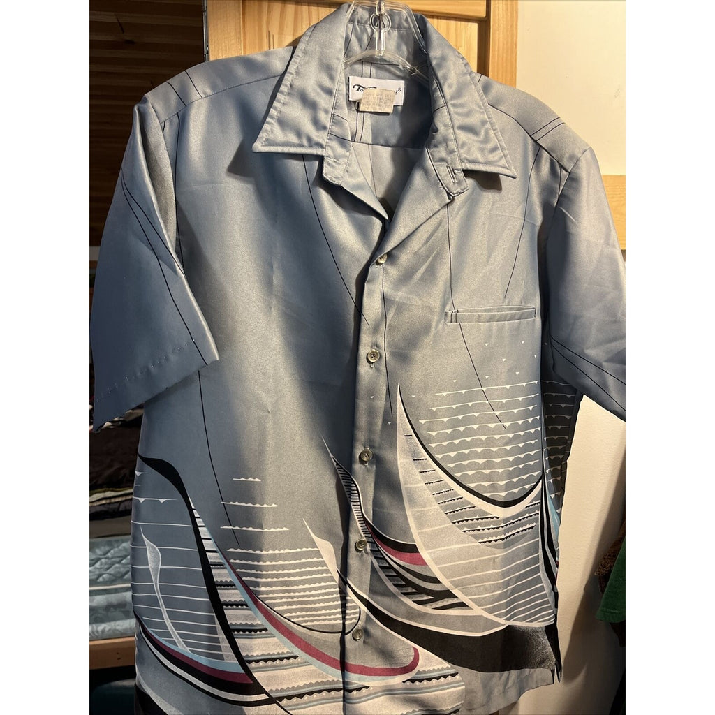 Tori Richard Vintage Men's Small Gray SS Button Down Polyester Hawaiian Shirt