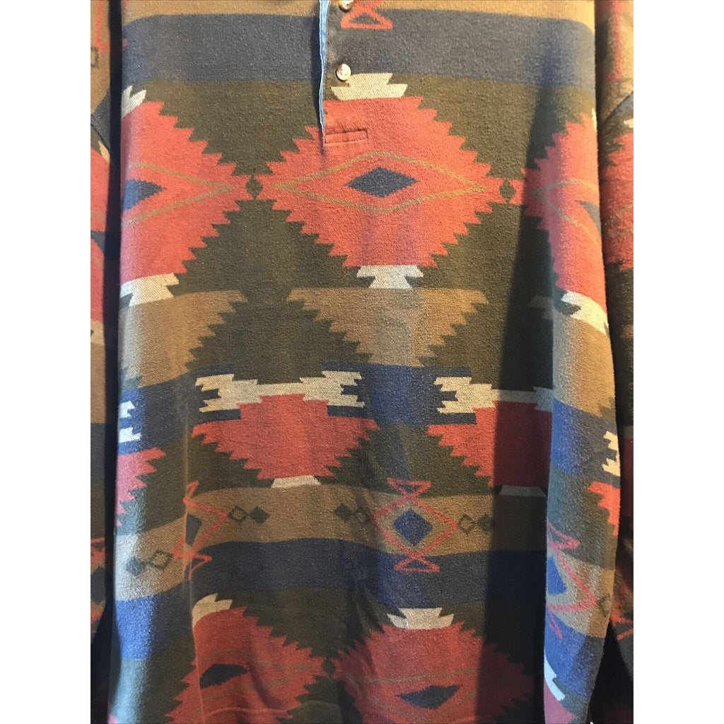 Skyr Vintage Mens XL Aztec Tribal Print Long Sleeve 1/4 Button Cotton Polo Shirt