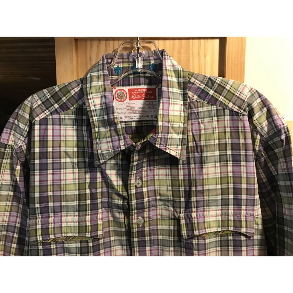 Robert Graham Men’s L Green Purple Plaid Long Sleeve Button Down Cotton Shirt