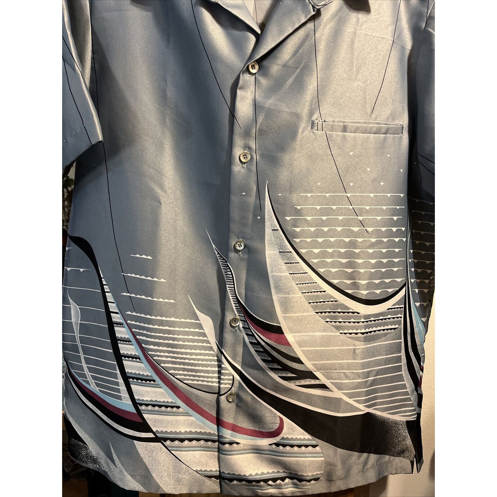 Tori Richard Vintage Men's Small Gray SS Button Down Polyester Hawaiian Shirt