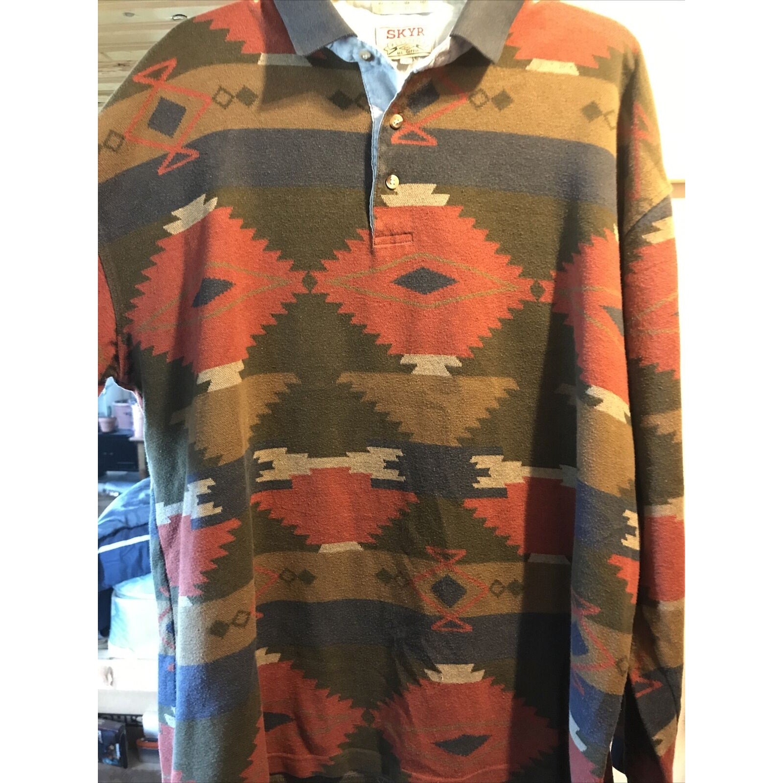 Skyr Vintage Mens XL Aztec Tribal Print Long Sleeve 1/4 Button Cotton Polo Shirt
