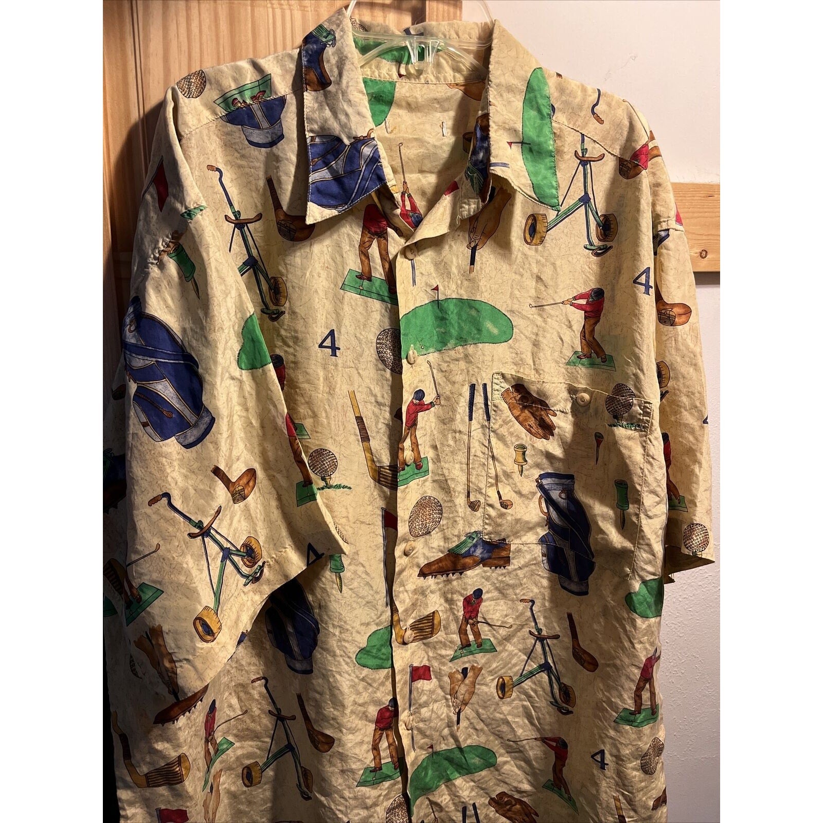 Unbranded Vintage Men’s XL Gold Short Sleeve Golf Print Silk Button Down Shirt